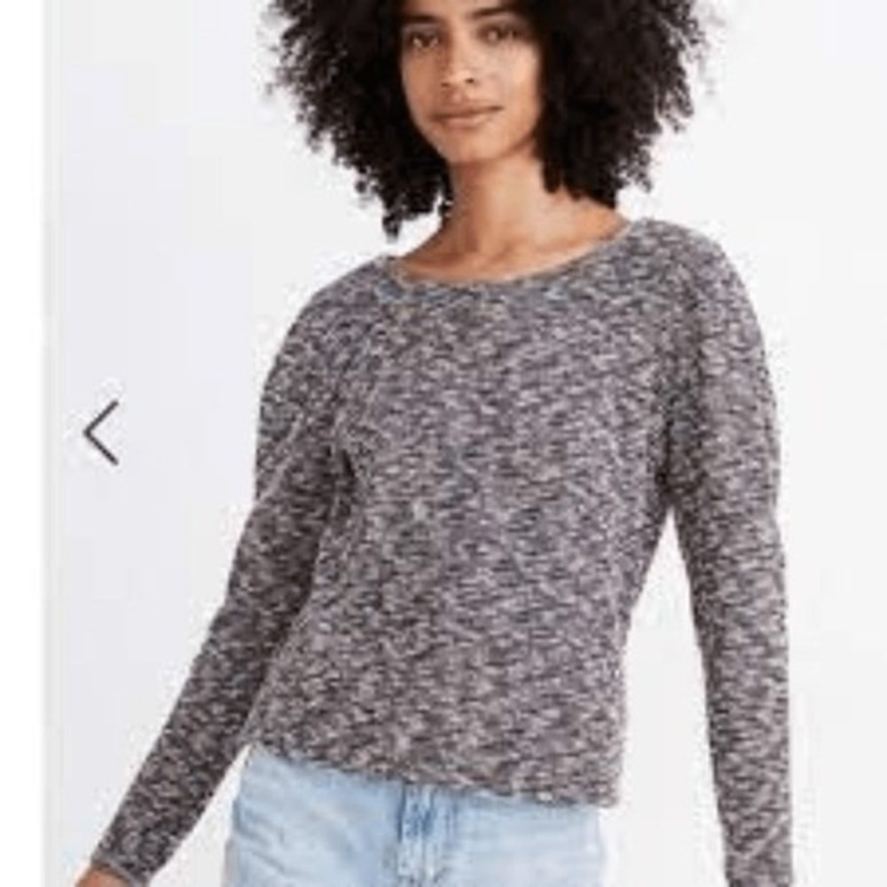 Madewell Womens Puff Sleeve Marled Knit Sweater Scoop Neck Black White Pink L